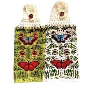 HAND CRAFTED Crocheted Top Butterflies Hanging Kitchen or Bathroom Hand Towels